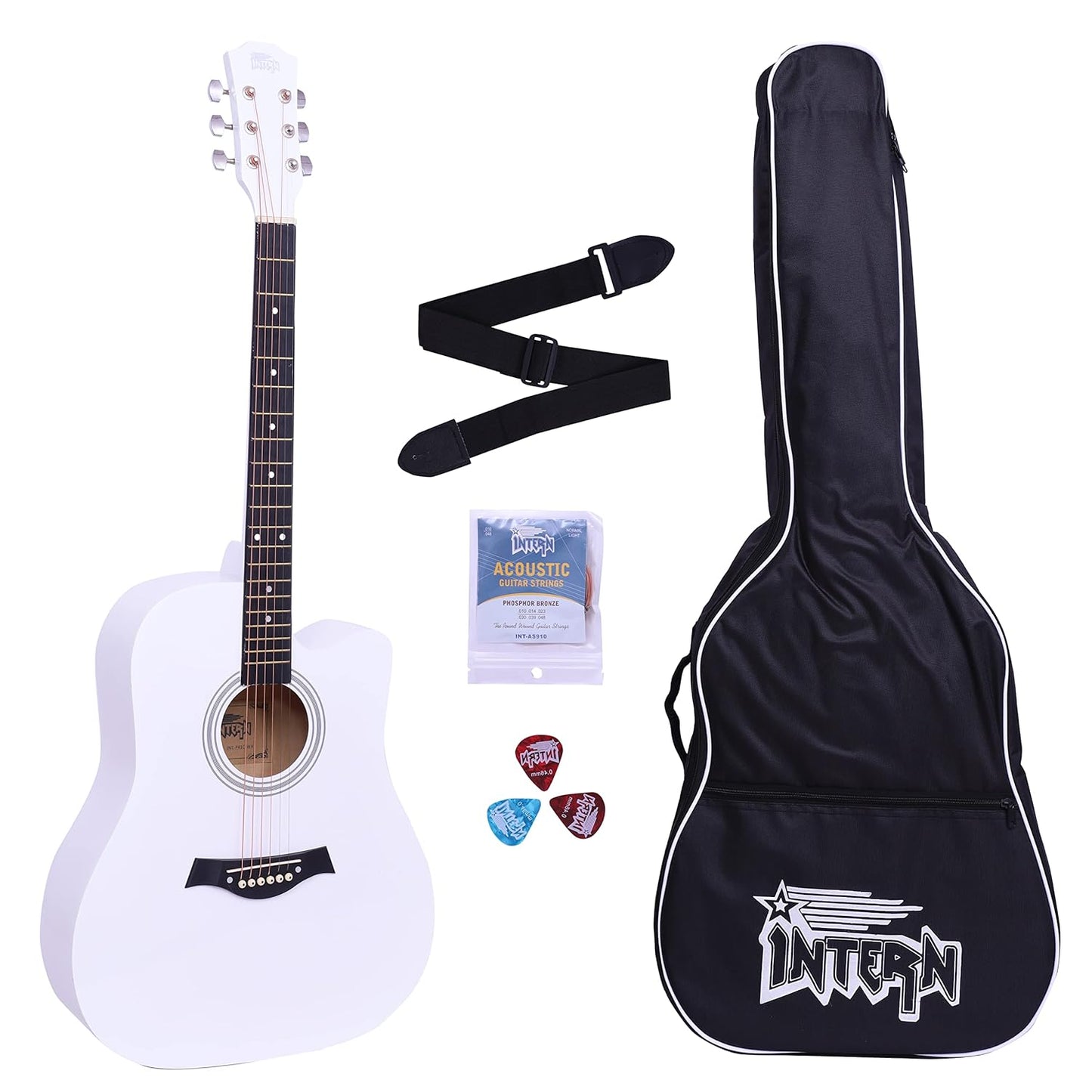 INTERN 41 inches Acoustic Guitar with truss rod. Includes carry bag, strings pack, strap & plectrums. Premium Wooden durable