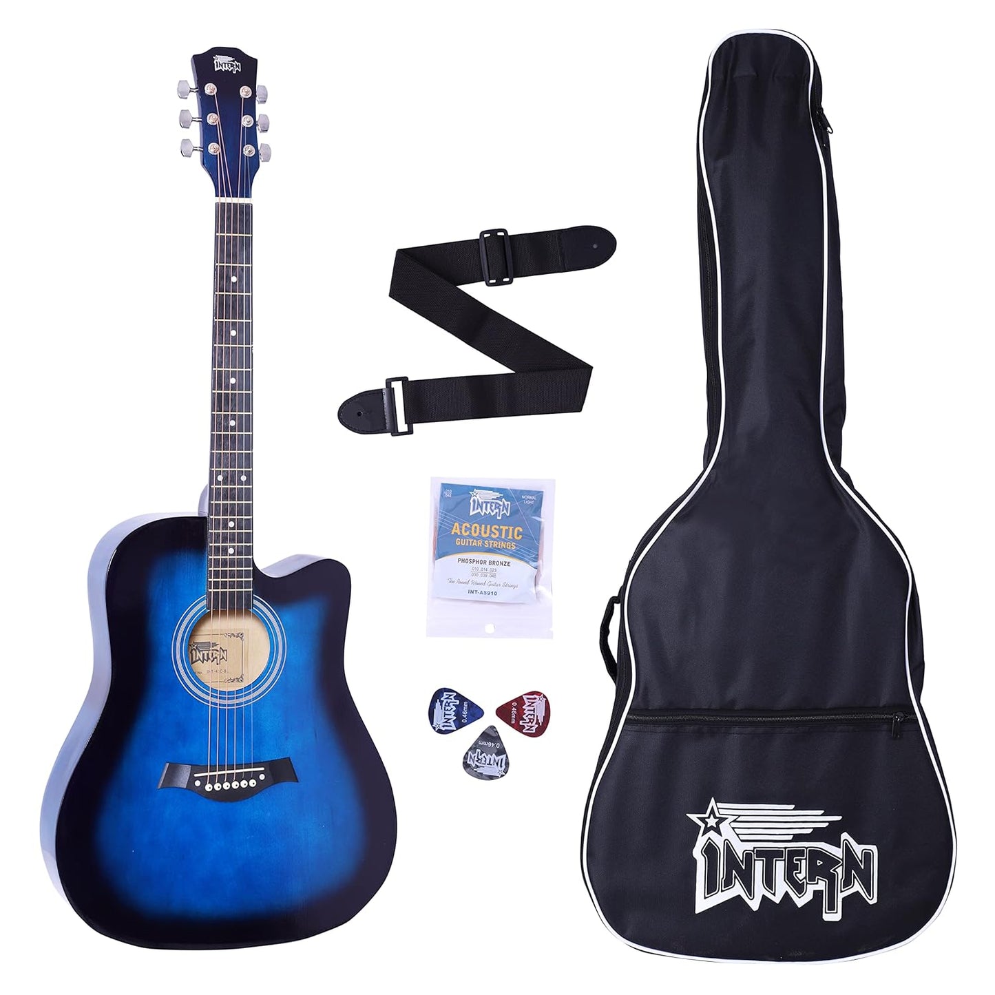 INTERN 41 inches Acoustic Guitar with truss rod. Includes carry bag, strings pack, strap & plectrums. Premium Wooden durable built, tonal stability & for all age-groups(Electric Blue).