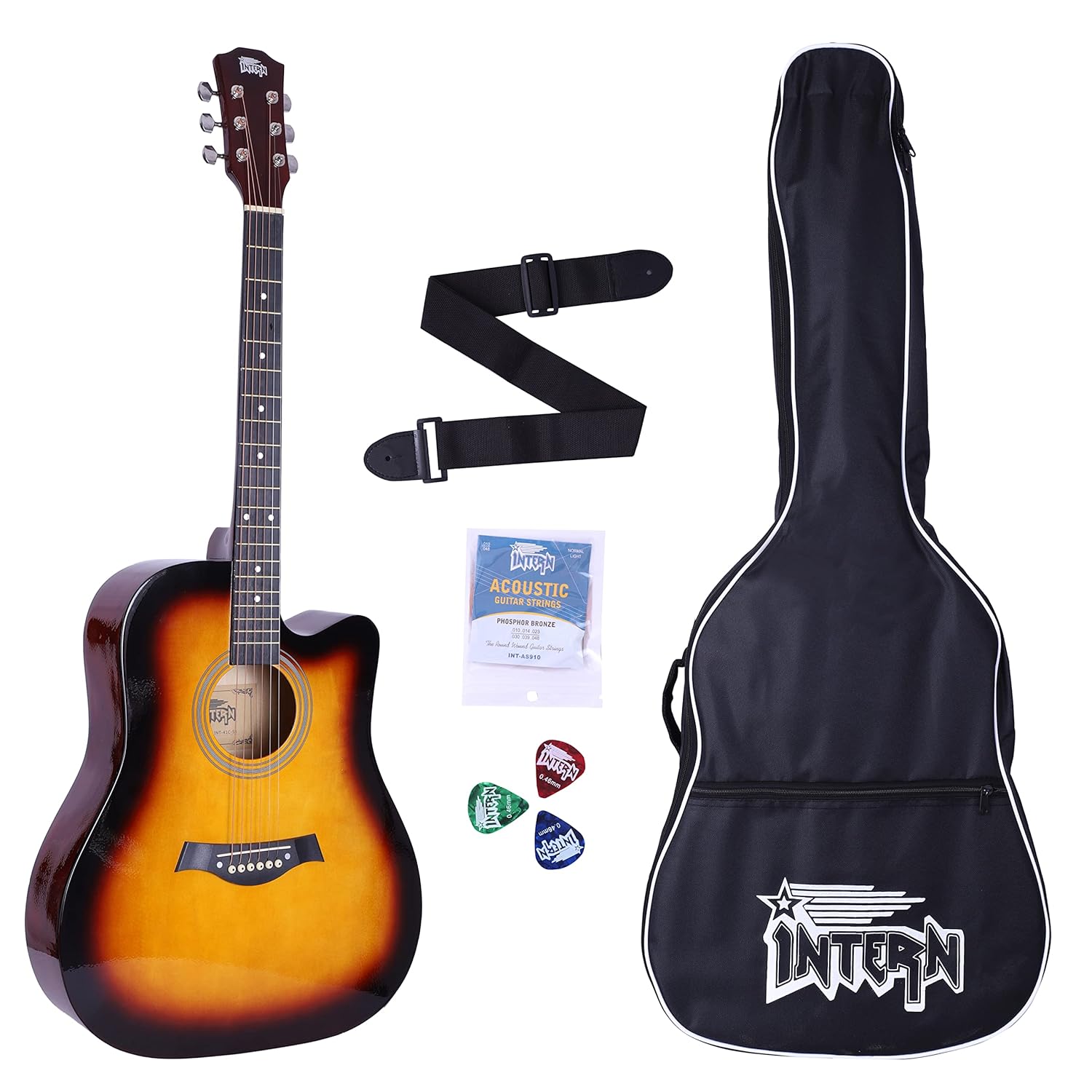 INTERN 41 inches Acoustic Guitar with truss rod. Includes carry bag, strings pack, strap & plectrums. Premium Wooden durable built, tonal stability & for all age-groups(Glossy Sunburst).…