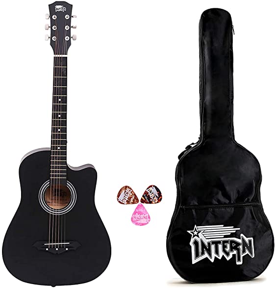 Intern 38C Cutaway Design Black Acoustic Guitar with Picks & Carry Bag-INT-38C-BK