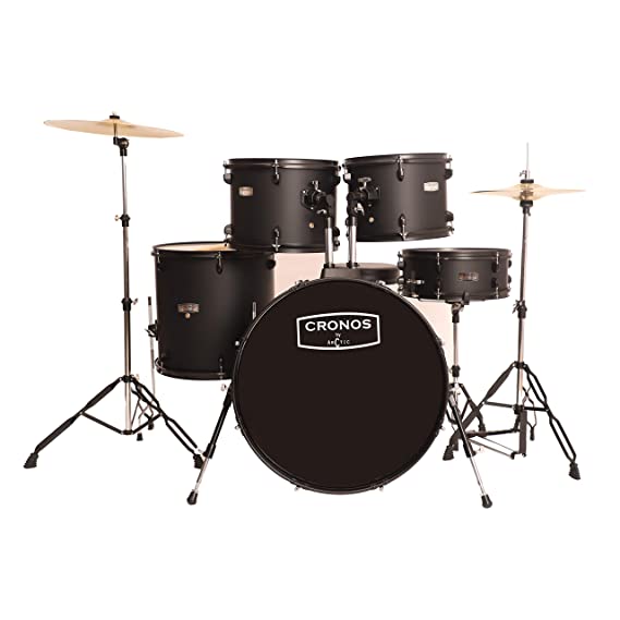 ARCTIC CRONOS 5 Piece Complete Acoustic Drum Kit/Drumset with drumsticks, Cymbals and throne - Nickel Hardware. Best Sounding shells, most durable build, Professional level Configuration. (Black)