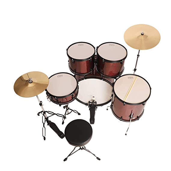 ARCTIC CRONOS 5 Piece Complete Acoustic Drum Kit/Drumset with drumsticks, Cymbals and throne - Nickel Hardware. Best Sounding shells, most durable build, Professional level Configuration. (Red)