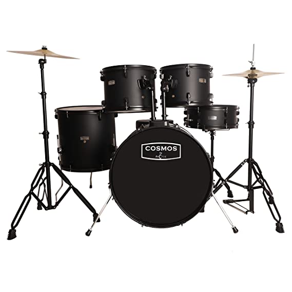 ARCTIC COSMOS 5 Piece Complete Acoustic Drum Kit/Drumset with drumsticks, Cymbals and throne - With Hardware. Best Sounding shells, most durable build. (Black)