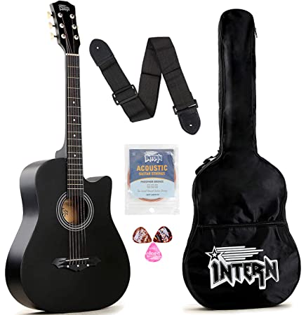 Intern INT-38C Acoustic Guitar Kit, With Bag, Strings, Pick And Strap, Black